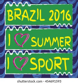 Vector set of banners. Hand drawn. I love sport. I love summer. Ipanema pattern. Summer 2016. Brazil 2016