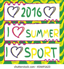 Vector set of banners. Hand drawn. I love sport. I love summer. Ipanema pattern. Summer 2016