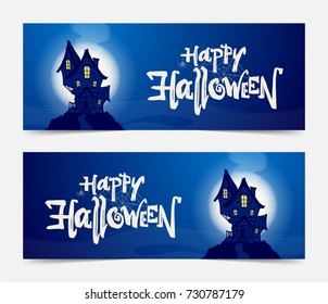 Vector set of banners with hand drawn haunted house and lettering of Happy Halloween