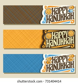 Vector set of banners for Hanukkah holiday with copy space, 3 web headers with gelt coins & playing spinning dreidels, original decorative font for text happy hanukkah on abstract geometric background