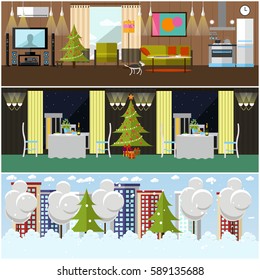 Vector set of banners with home, restaurant interiors and winter cityscape with snowy street concept design elements. New Years and Christmas interior concept in flat style.