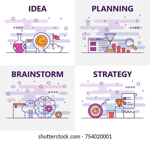 Vector set of banners with Idea, Planning, Brainstorm, Strategy concept web templates. Modern thin line flat symbols, icons for web, print.