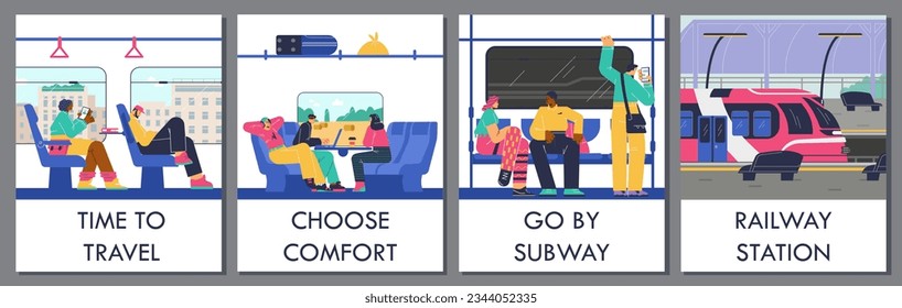Vector set of banners inside subway train car, Railway station. Public transport, subway passengers in underground metro train. People are sitting in subway train on comfortable chairs.