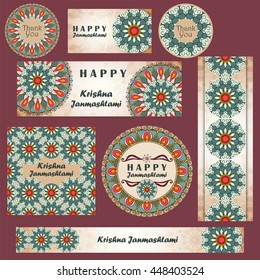 Vector set of banners to Krishna Janmashtami. Greeting or invitation cards with text and mandalas patterns