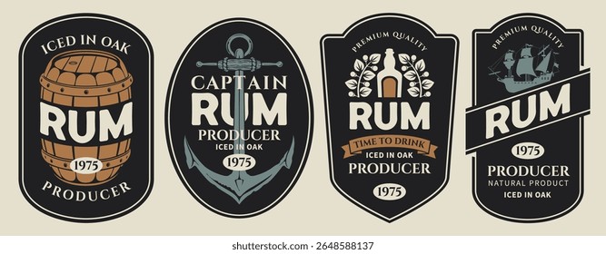 Vector set of banners or labels for a bottle of rum on an old paper background. With a barrel, ship, anchor, corkscrew, laurel wreath. Logo in vintage style. Coaster. AI is not used