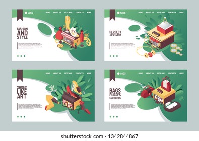 Vector set of banners or landing page templates for fashion boutiques, stores and shops. Jewelry, bags, shoes and clothes isometric scenes with decorative elements