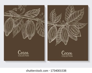 Vector set of banners made of cocoa beans. Hand drawn illustration on the brown background. Chocolate cocoa brunch. 