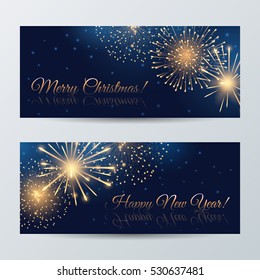 Vector set of banners for "Merry Christmas" and "Happy New Year". Holiday golden fireworks on the blue background. File contains clipping mask.