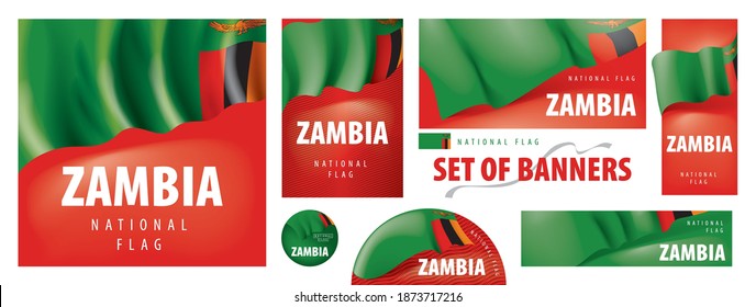 Vector set of banners with the national flag of the Zambia