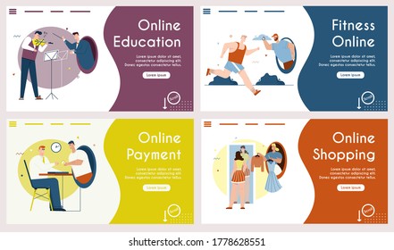 Vector set banners of online education, fitness, payment, shopping. Violinist and conductor play music. Athlete trains running with trainer. Personal fashion stylist chooses outfits. Buyer pays online