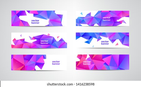 Vector Set of banners with polygonal geometric background, facet, low poly, traingles headers, covers