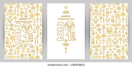 Vector Set With Banners, Posters, Cards With A Illustration Of The Ox Zodiac Sign, Symbol Of 2021 On The Chinese Calendar, Isolated. White Metal Ox, Bull, Chine Pattern. New Year's Chinese Element.