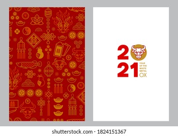Vector set with banners, posters, cards with a illustration of the Ox Zodiac sign, Symbol of 2021 on the Chinese calendar, isolated. White Metal Ox, Bull, Chine pattern. New Year's Chinese element