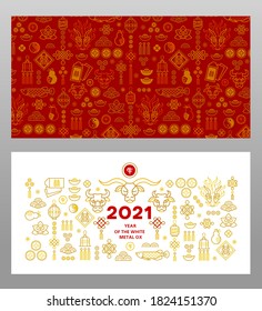 Vector set with banners, posters, cards with a illustration of the Ox Zodiac sign, Symbol of 2021 on the Chinese calendar, isolated. White Metal Ox, Bull, Chine pattern. New Year's Chinese element