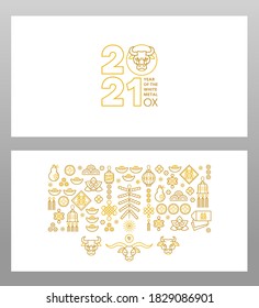 Vector set with banners, posters, cards with a illustration of the Ox Zodiac sign, Symbol of 2021 on the Chinese calendar, isolated. White Metal Ox, Bull, Chine pattern. New Year's Chinese element