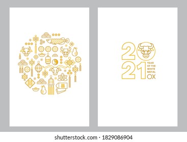 Vector set with banners, posters, cards with a illustration of the Ox Zodiac sign, Symbol of 2021 on the Chinese calendar, isolated. White Metal Ox, Bull, Chine pattern. New Year's Chinese element