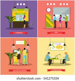 Vector set of banners, posters with cashbox, ATM, consultant, self-service terminal. Banking and finance concept design elements in flat style