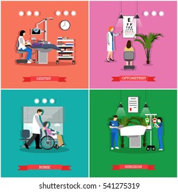 Vector set of banners, posters with dentist, optometrist, surgeon, nurse working in hospital, clinic. Healthcare and medicine concept design elements.
