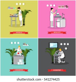 Vector set of banners, posters with different kinds of laboratories and people working there - biologists, chemists, physicists. Scientific research laboratory concept design elements in flat style.