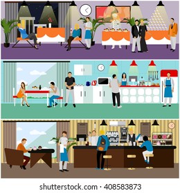 Vector set of banners with restaurant interiors. People having lunch in cafe. Party concept.