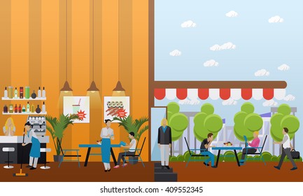 Vector set of banners with restaurant interiors. Bar and street cafe in flat design.