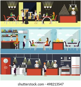 Vector set of banners with restaurant interiors. People having lunch in cafe. Kitchen, dining room and cafe. 