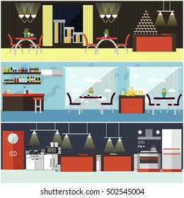 Vector set of banners with restaurant interiors. People having lunch in cafe. Kitchen, dining room and cafe.