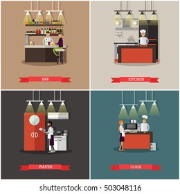 Vector set of banners with restaurant interiors. Bar, kitchen, chef cook and waiter characters.