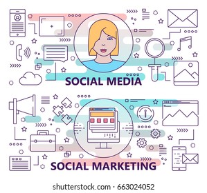 Vector set of banners with social media and social marketing concept templates. Modern thin line flat design elements, symbols, icons for website menu, marketing.