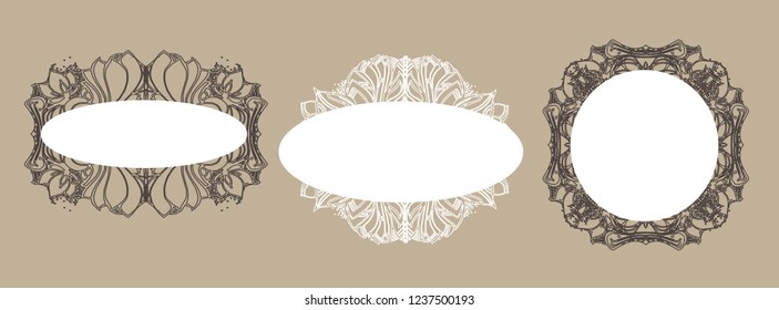 vector set of banners, stickers, labels, with a linear floral ornament of hand-drawing retro style