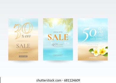 Vector set of banners for summer sale with beach, sea, waves, palm leaves and tropical flowers. Travel background with plumeria and blurred effect for discount offers. File contains clipping mask.