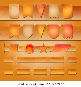 Vector set of banners and various label tags for web design on the textured grunge kraft paper background. EPS 10 file.  Image contains transparency and blending modes.