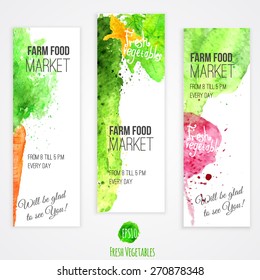 Vector set of banners with watercolor colorful vegetables. Carrot, radish, cucumber, pepper.Farm market. EPS10.