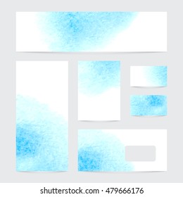 Vector set of banners with watercolor splash. Blue watercolour design business cards set