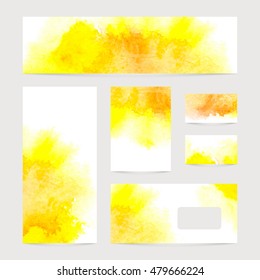 Vector set of banners with watercolor splash. Yellow watercolour design business cards set