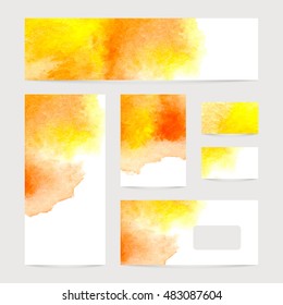 Vector set of banners with watercolor splash. Orange watercolour design business cards set