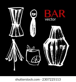 Vector set of bar items. Alcoholic cocktail, party, holiday, alcohol. Drawing with brush and ink. Oriental style, sketch, doodle, minimalism. White on black. Eps10