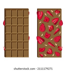 Vector set of bar of milk chocolate with dried strawberries isolated on white background.

