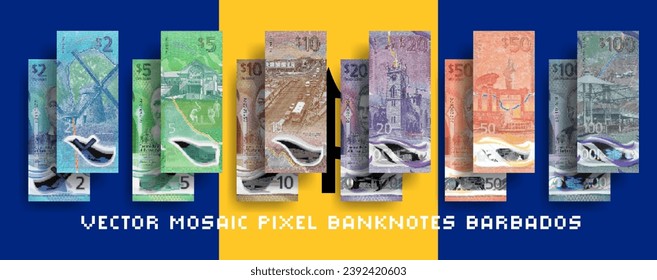 Conjunto de vectores de los billetes en mosaico de píxeles de Barbados. Recaudación de billetes en las denominaciones de 2, 5, 10, 20, 50 y 100 dólares de Barbados. Inverso e inverso. Juega dinero o volantes.