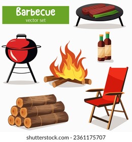 Vector set of barbecue elements - cauldron, fire, firewood, picnic chair, bottles with sauce, meat in a frying pan on an isolated white background.