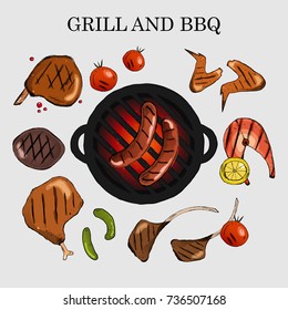 Vector set of barbecue. The food on the grill. Chicken, burgers, ribs, vegetables, fish, sausages, chicken wings. BBQ
