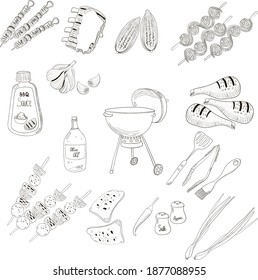 Vector set of barbecue and grill elements. Hand drawn doodle illustration.