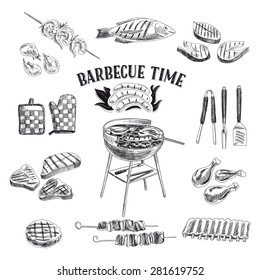 Vector set of barbecue and grill elements. Vector illustration in sketch style. Hand drawn design elements.