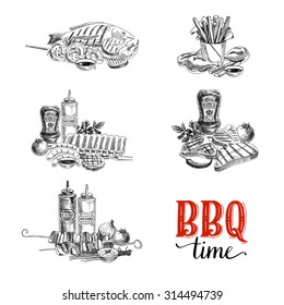 Vector set of barbecue and grill elements. Vector illustration in sketch style. Hand drawn design elements.