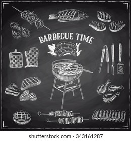 Vector set of barbecue and grill elements. Vector illustration in sketch style. Hand drawn design elements. Chalkboard