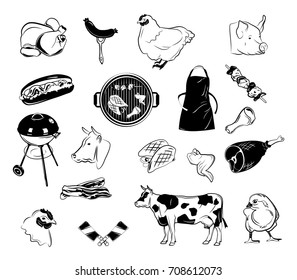 Vector set of barbecue and grill elements. Vector illustration in sketch style. Hand drawn design elements.