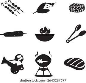 Vector set of barbecue grill and food icons collection in black silhouette style