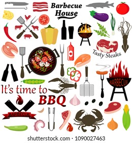 Vector set of barbecue and grilled food: steak, sausage, seafood and vegetables.