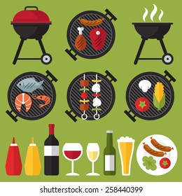 Conjunto vectorial de barbacoa y parrilladas: filete, salchicha, pollo, marisco y verduras.