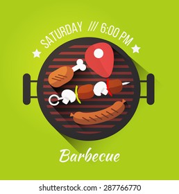 Vector set of barbecue and grilled food: steak, sausage, chicken, vegetables.